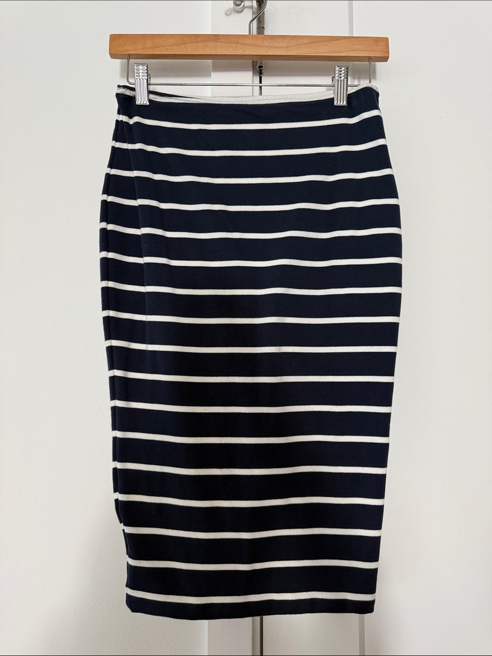 Kookai Navy and White Striped Stretch Pencil Skirt - Classic Womenswear